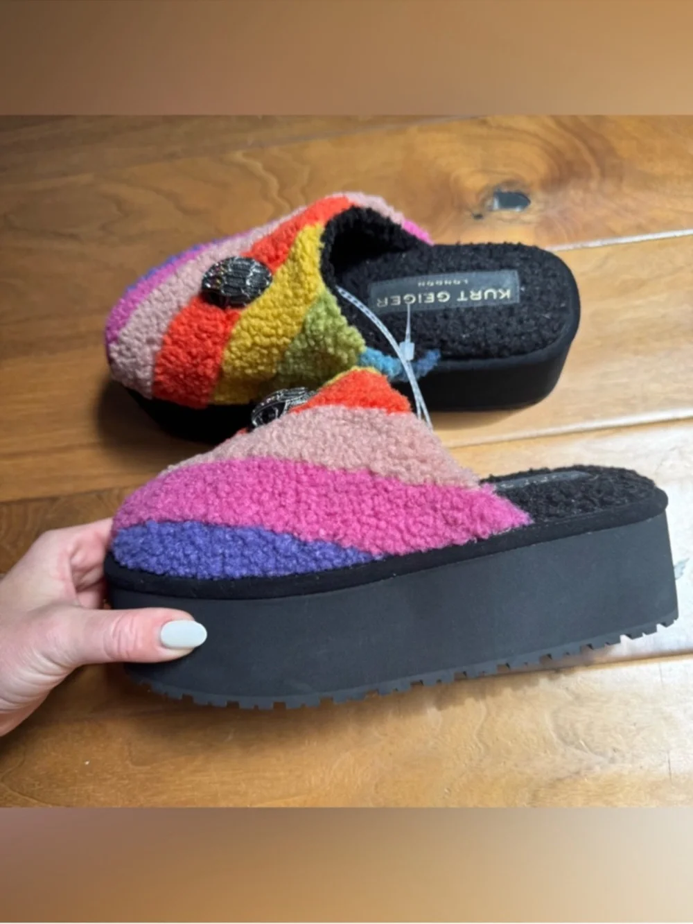 NWT Kurt Geiger London Kensington Faux Shearling Platform Slippers Rainbow - Picture 6 of 7